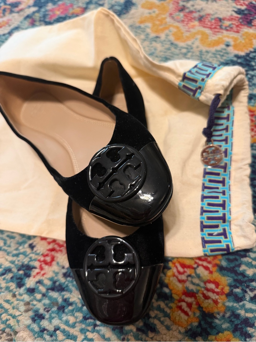 Tory Burch Black Logo Cap-Toe Ballet Flats